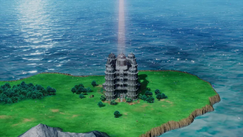 A beam of light rises from the Shrine of Rain