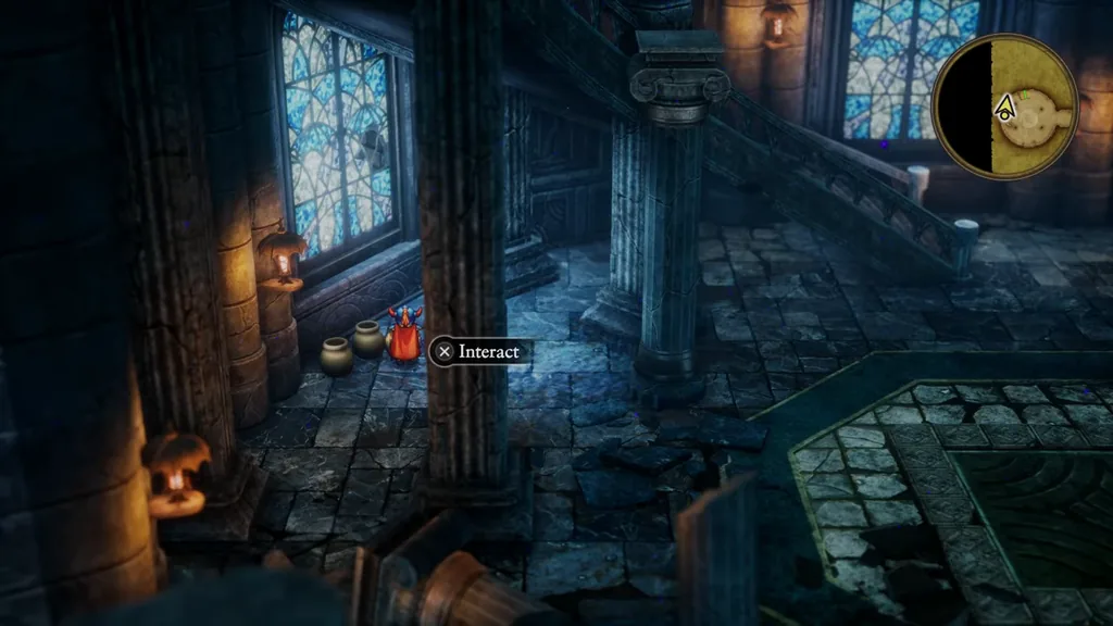 A stained-glass window on the Shrine of Rain’s fourth floor
