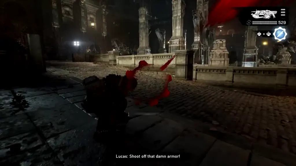 Fighting in the colonnaded courtyard during the Brumak chase