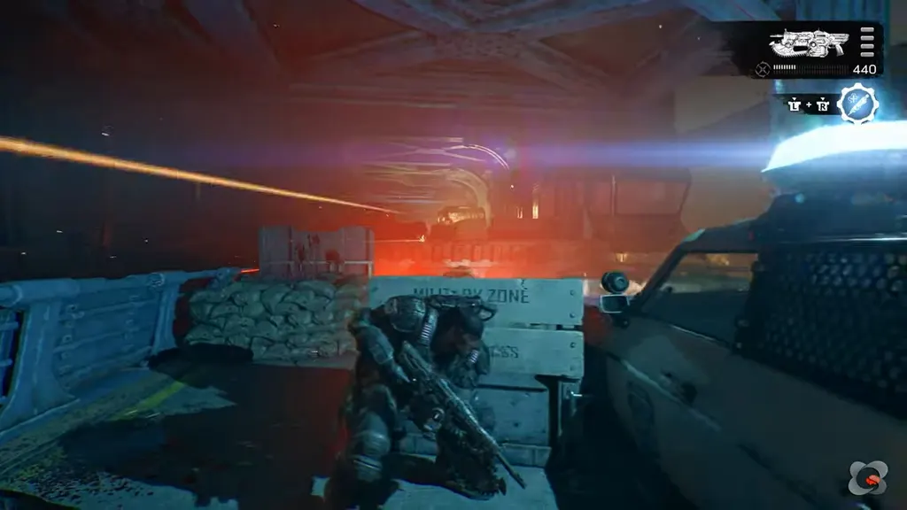 Marcus in cover behind a military-zone barricade on the bridge