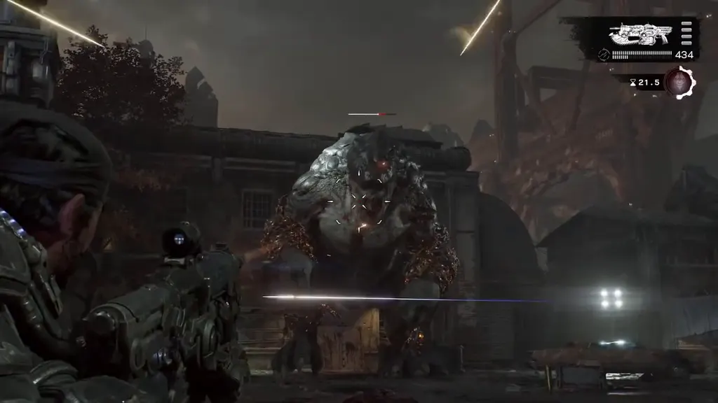 A Brumak advancing through the dock buildings
