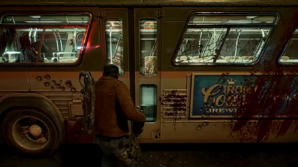 Marcus beside a blood-stained city bus