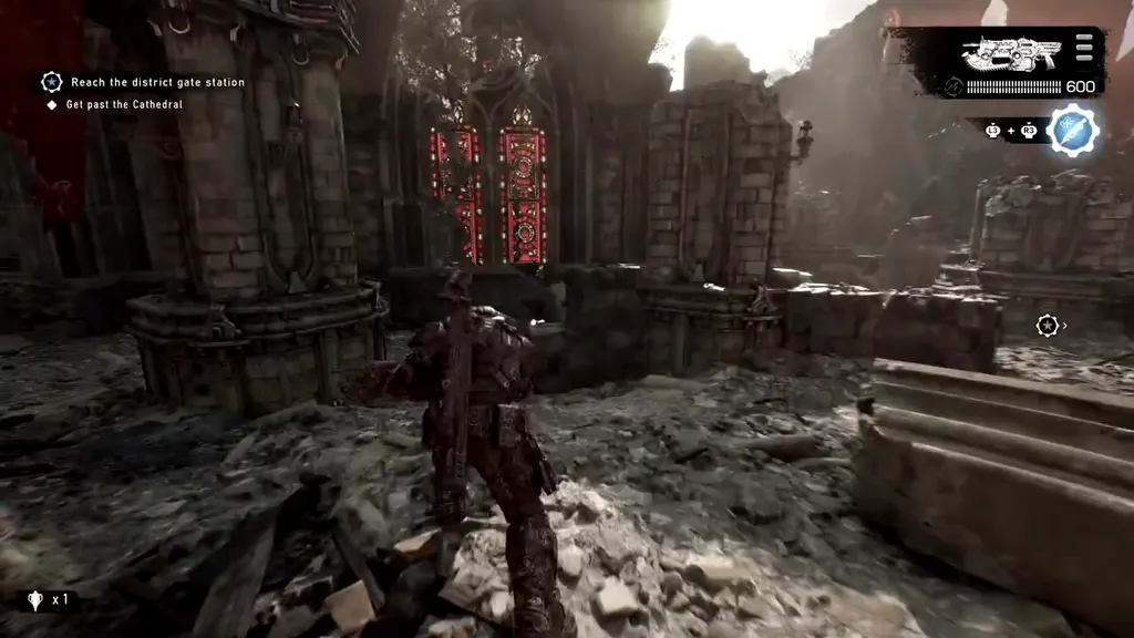 The ruined cathedral with its red stained-glass windows