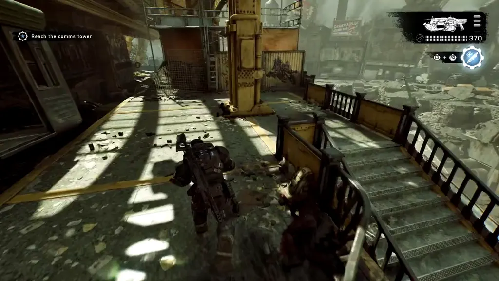 Running down the stairs toward the comms tower