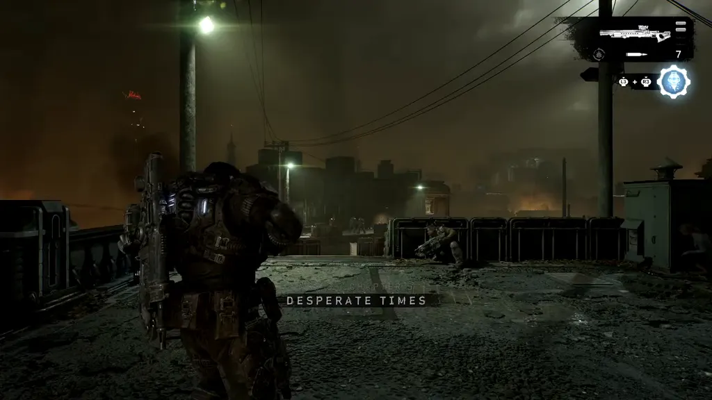 Marcus on a ruined street at night with the Desperate Times title
