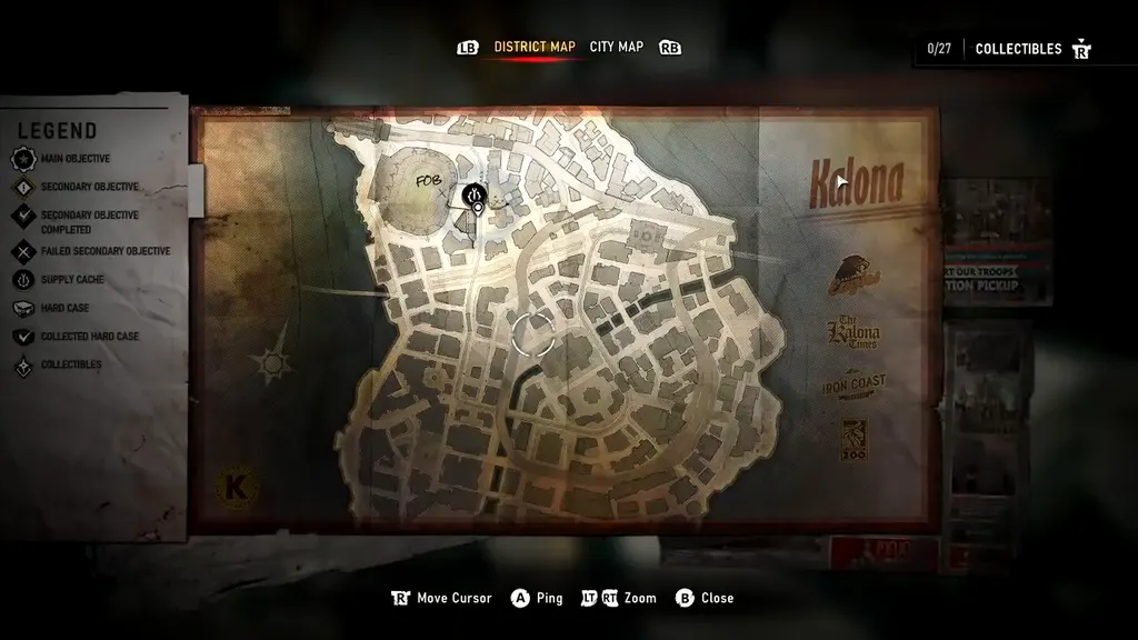 The district map with its legend of objectives, Hard Cases and supply caches