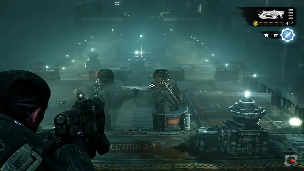 Firing across the misty drydock floor