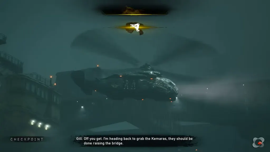 The King Raven hovering over the drydock in the rain