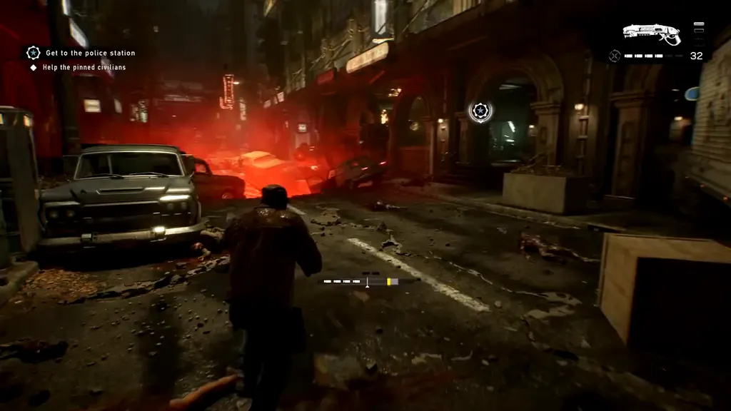 A street split open by a glowing red Emergence Hole