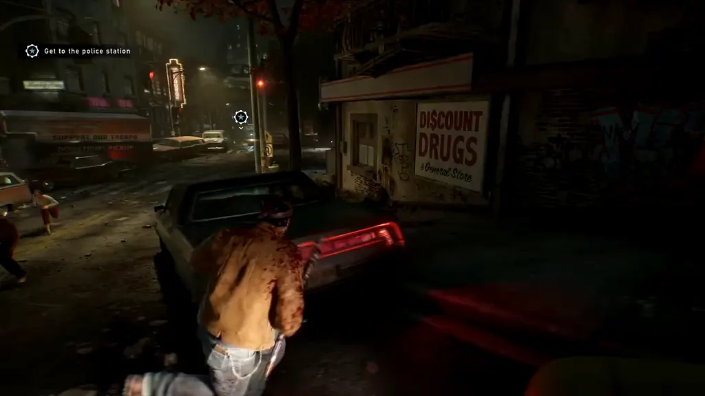 Marcus running down a night street in Kalona toward the police station