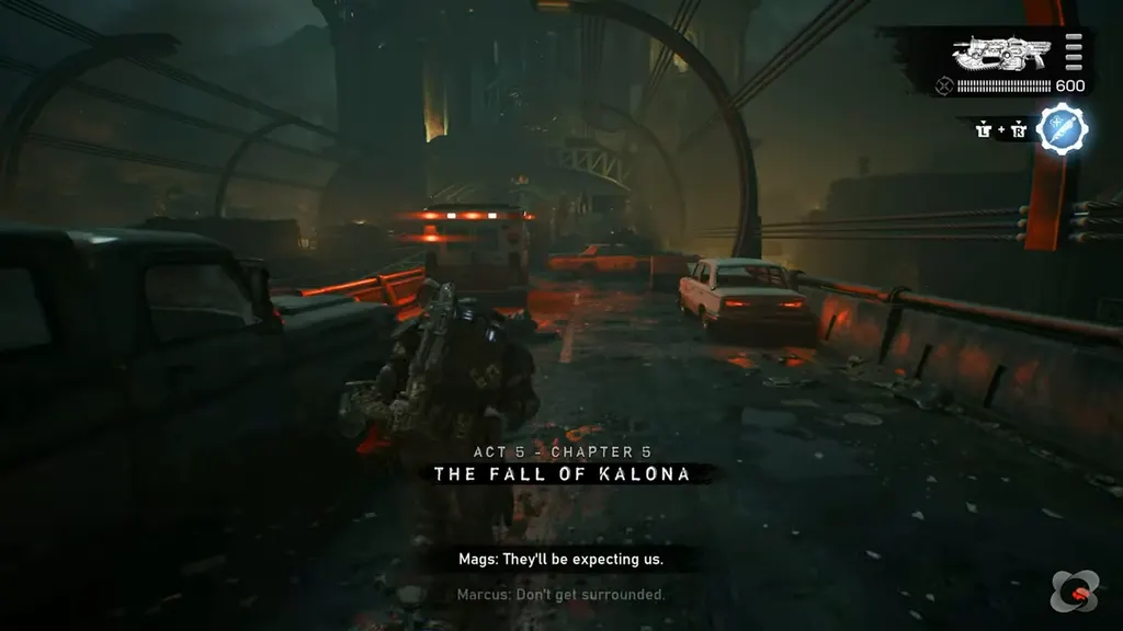Marcus on the burning bridge with the Act 5 Chapter 5 title
