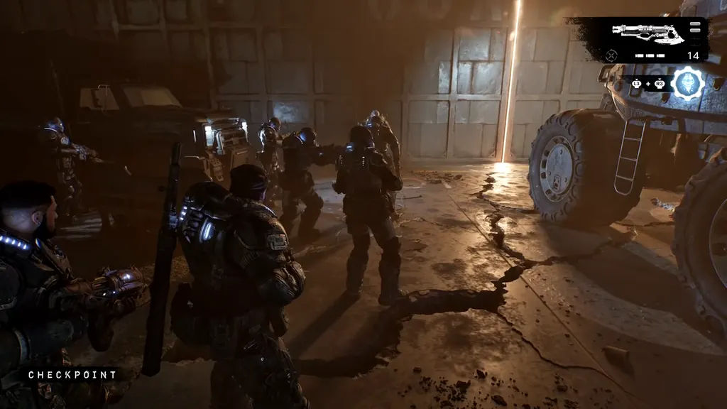 Gears regrouping inside the hangar