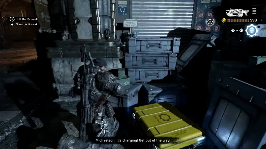 A yellow Hard Case among crates