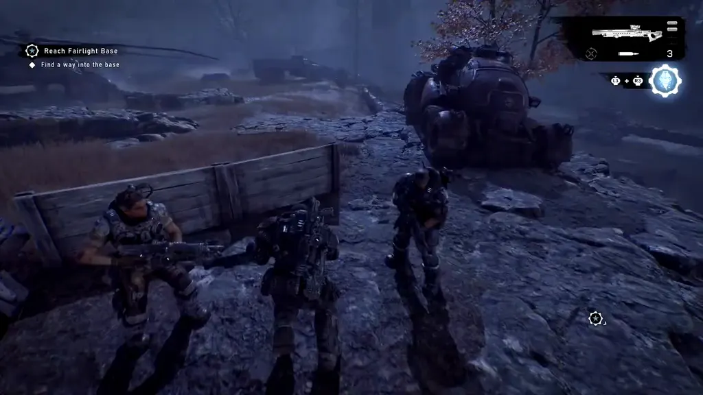 The squad taking cover in the military junkyard