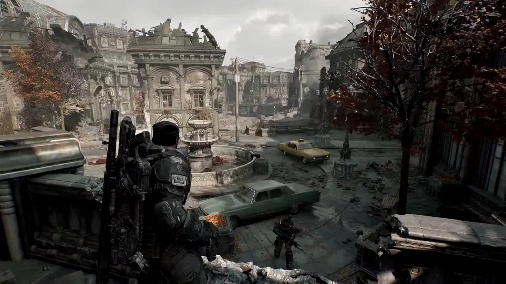 Overlooking Kalona Square with its fountain and wrecked cars