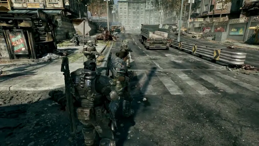 Bravo Squad moving down a ruined avenue