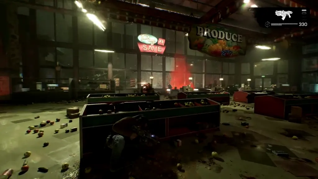The produce aisles of the Pay-n-Save warehouse