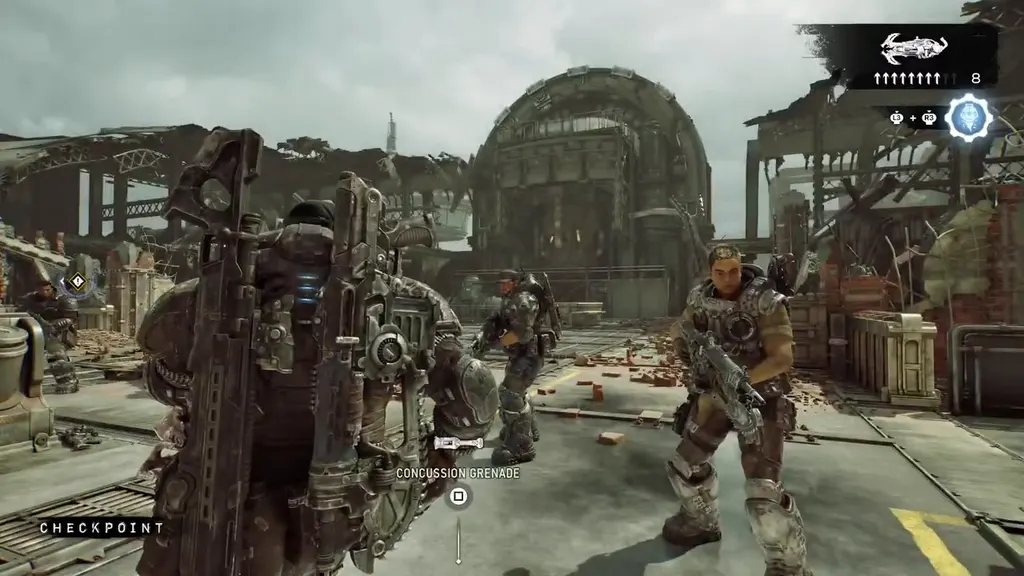 The squad regrouping in front of the power station