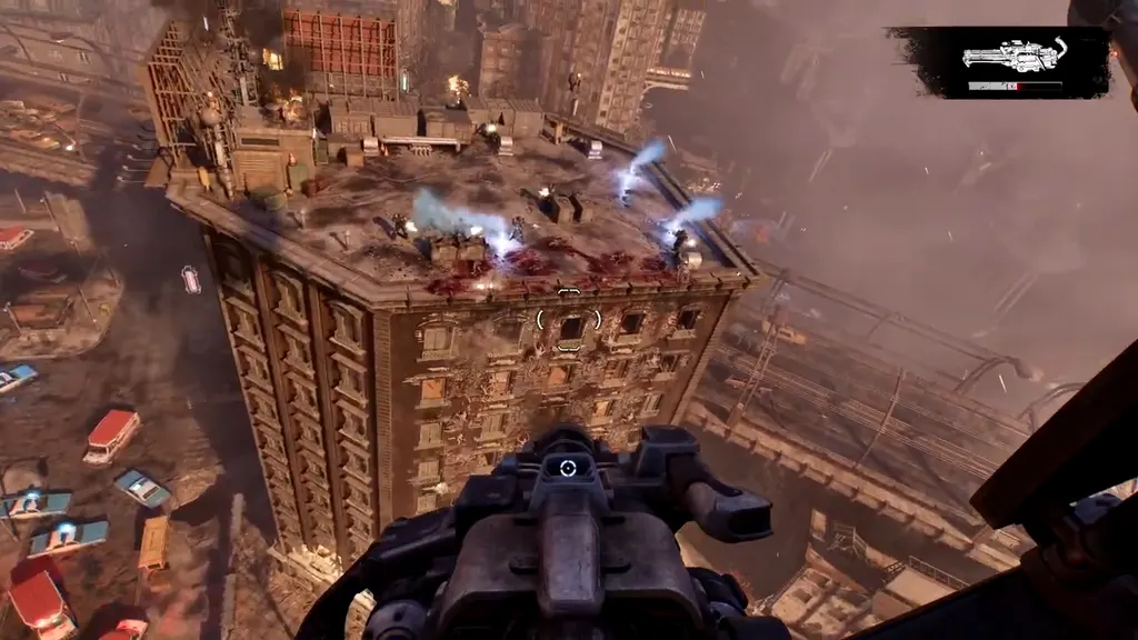 Firing the King Raven door gun at a rooftop