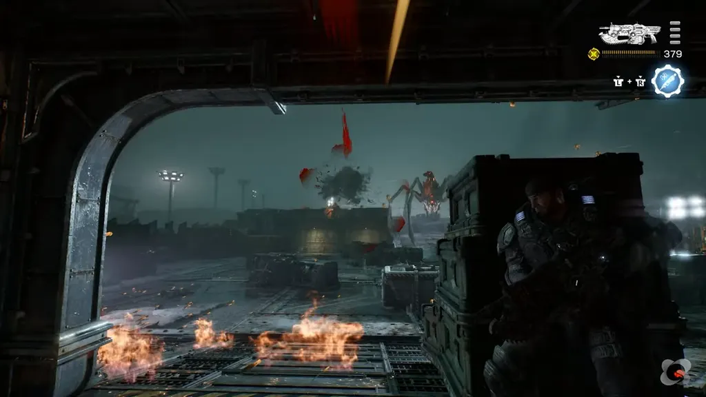 Fighting a spider-like Locust creature from a doorway in the Raven’s Nest