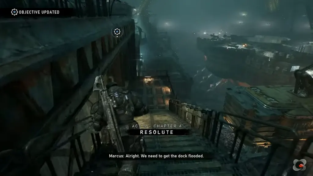 Marcus on a gangway above the drydock with the Resolute title