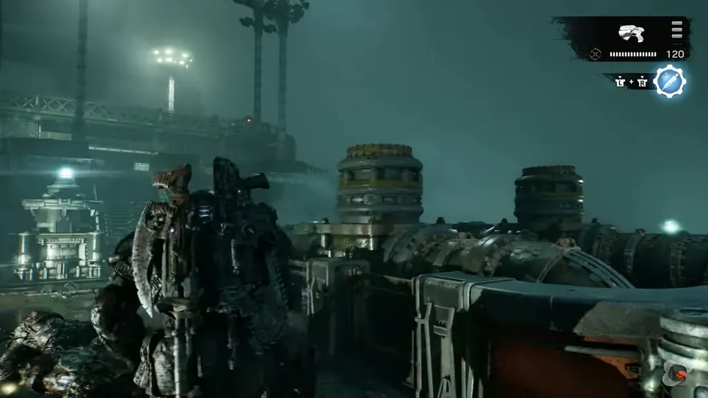 Marcus beside the huge braces holding the ship