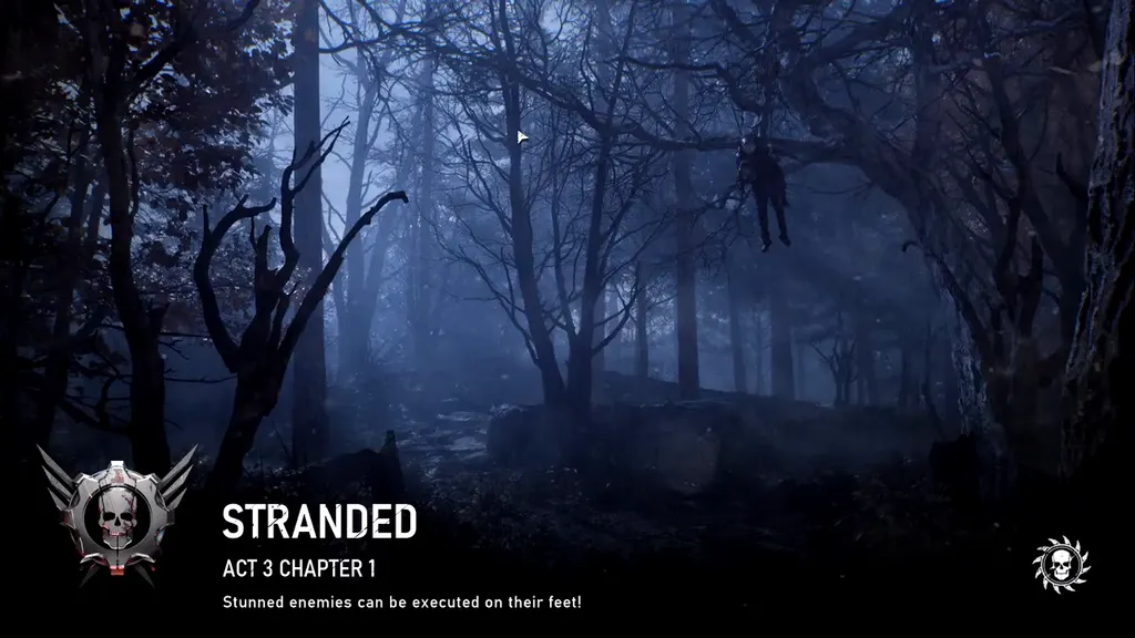 The Stranded loading screen: a misty forest with a body hanging from a tree