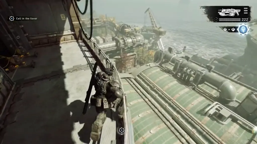 Climbing a ladder high above the docks