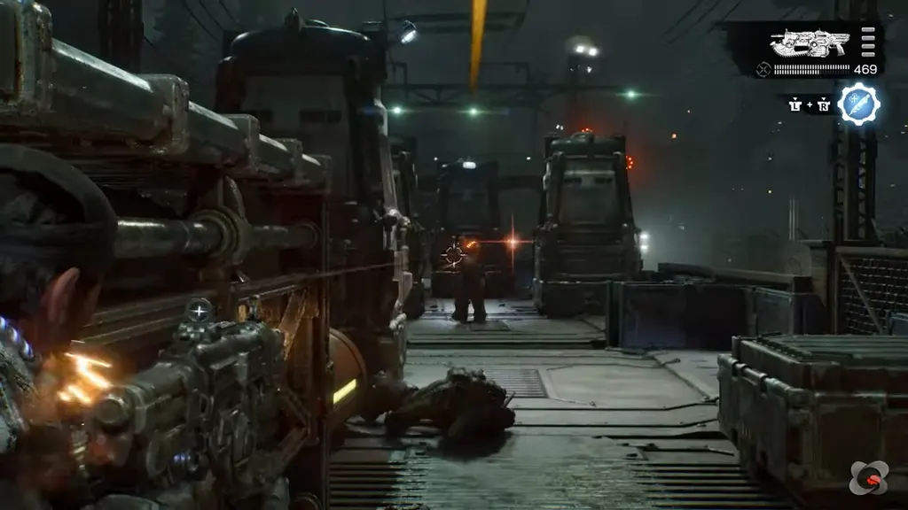 Firing along a train toward a Locust on the next car