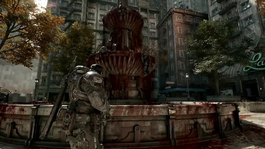 The fountain stained with blood where Whiskey Squad fell