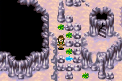 The puddle hidden under the weeds between the rocks