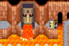 A giant stone head flooding the floor with lava