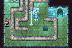 Pipes pushing a statue across the upper floor