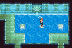 Isaac hopping across the water from a glowing tile