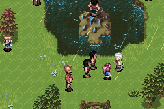 Villagers of Vale holding back the Mt. Aleph Boulder by the pond
