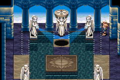 Statues casting beams of light toward the centre of the room