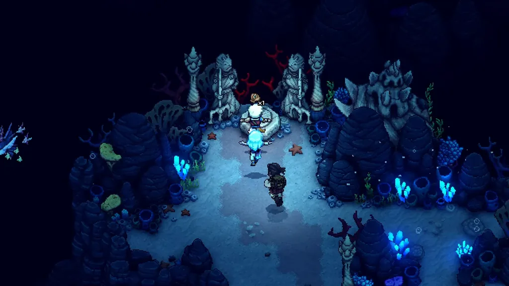An underwater shrine lit by blue crystals