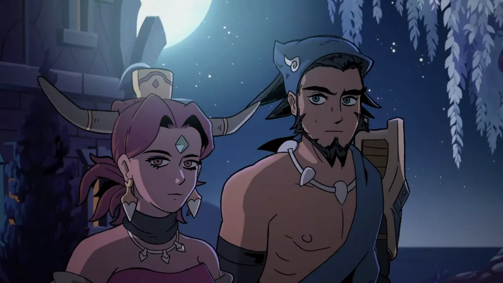 Brugaves and Erlina, two Solstice Warriors, under the full moon at Mooncradle