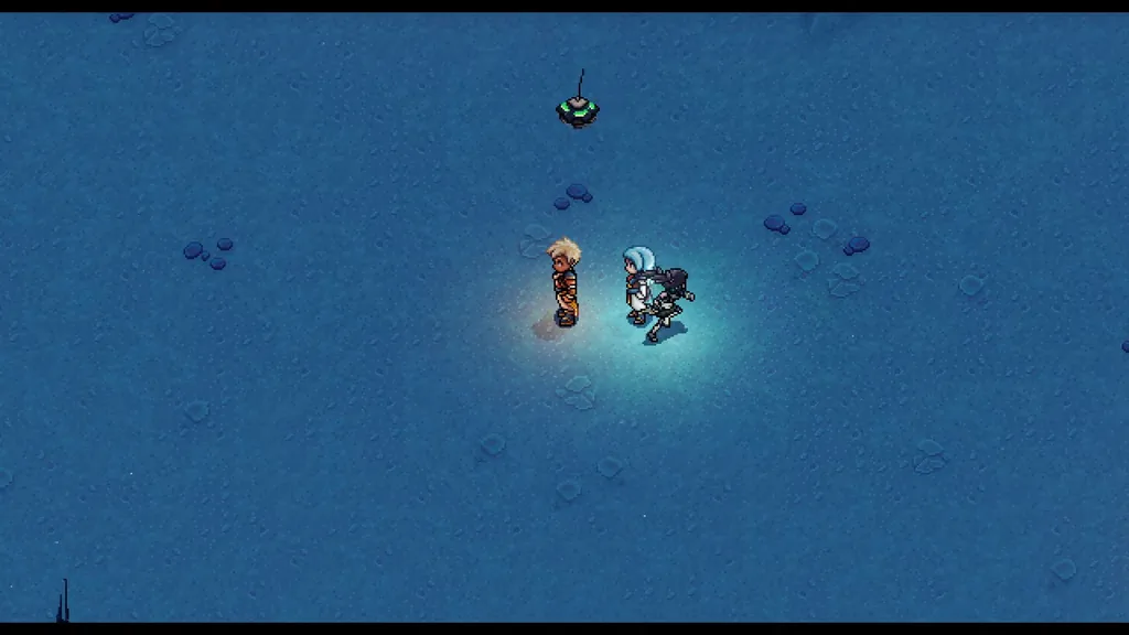 The party crossing the blue sands of the Cerulean Expanse