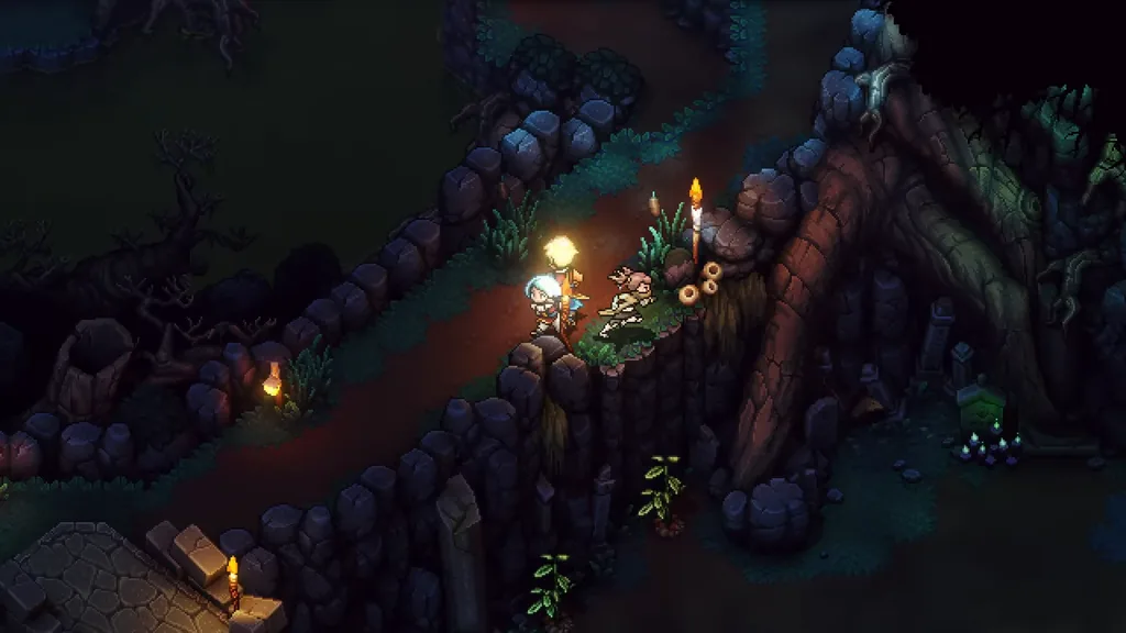 A lamplit path through the Cursed Woods at night