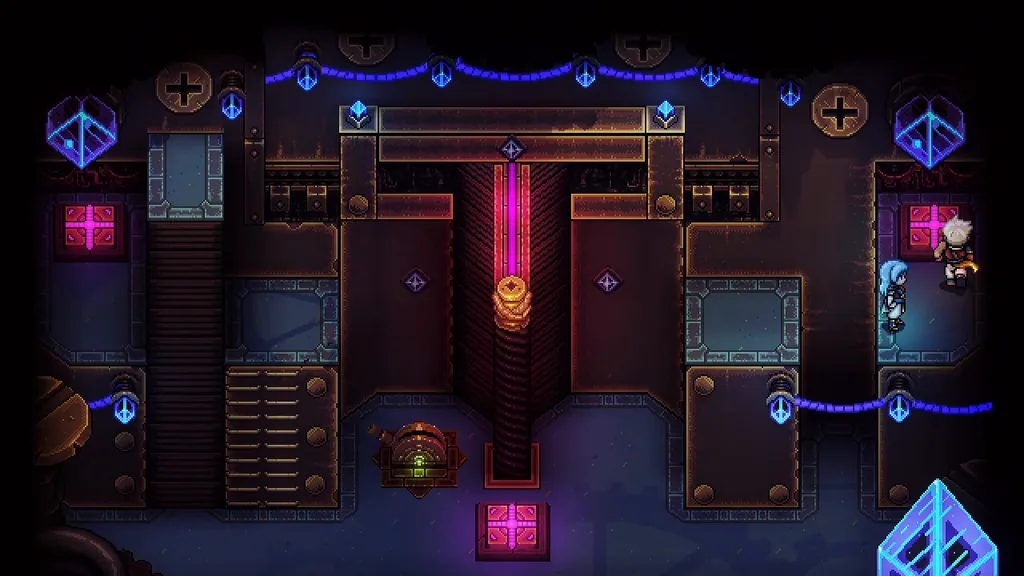 Inside the first clock machine on the Clockwork Plains, with its latches and purple buttons