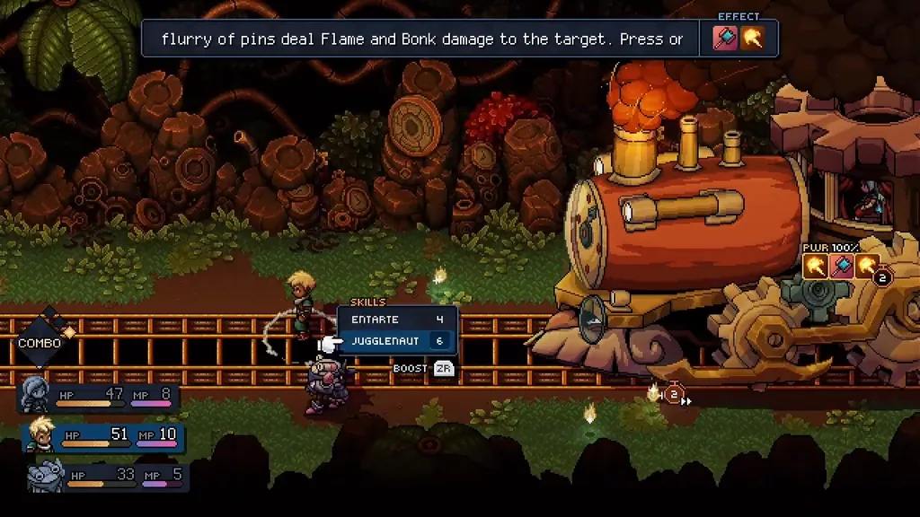 The Crazy Train boss fight, with the party running ahead of the train