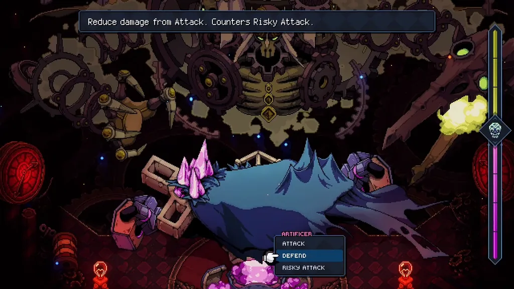 The last round of the final fight, with a giant Artificer and the gauge on the right