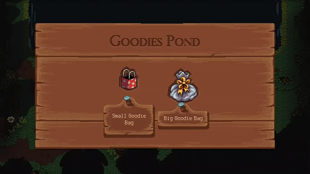 The Goodies Pond board listing the Small and Big Goodie Bags