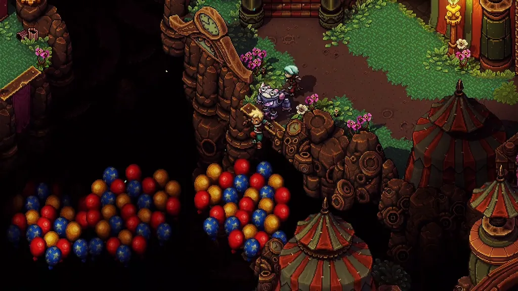 Bunches of balloons floating over the chasm on the west side of Horloge