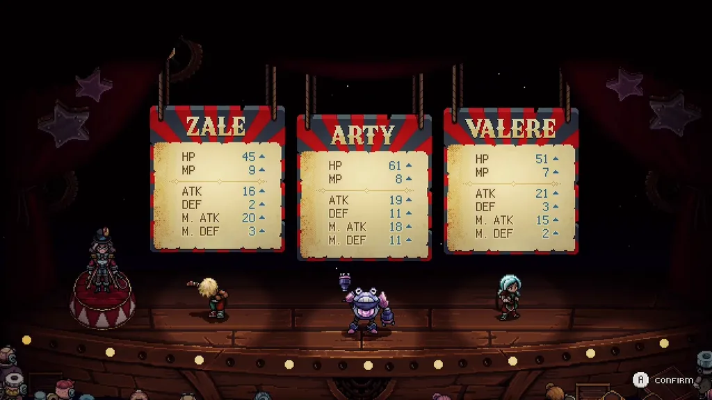 The DLC level-up screen showing Zale, Arty and Valere on a circus stage