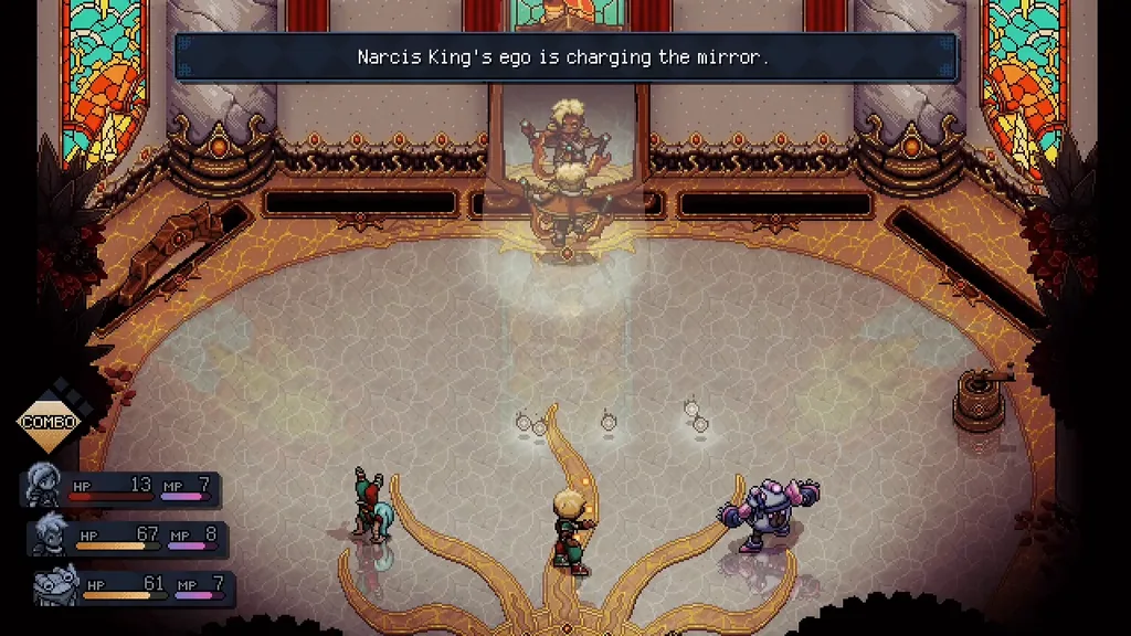 The Narcis King boss fight, with mirrors and a spotlight behind him