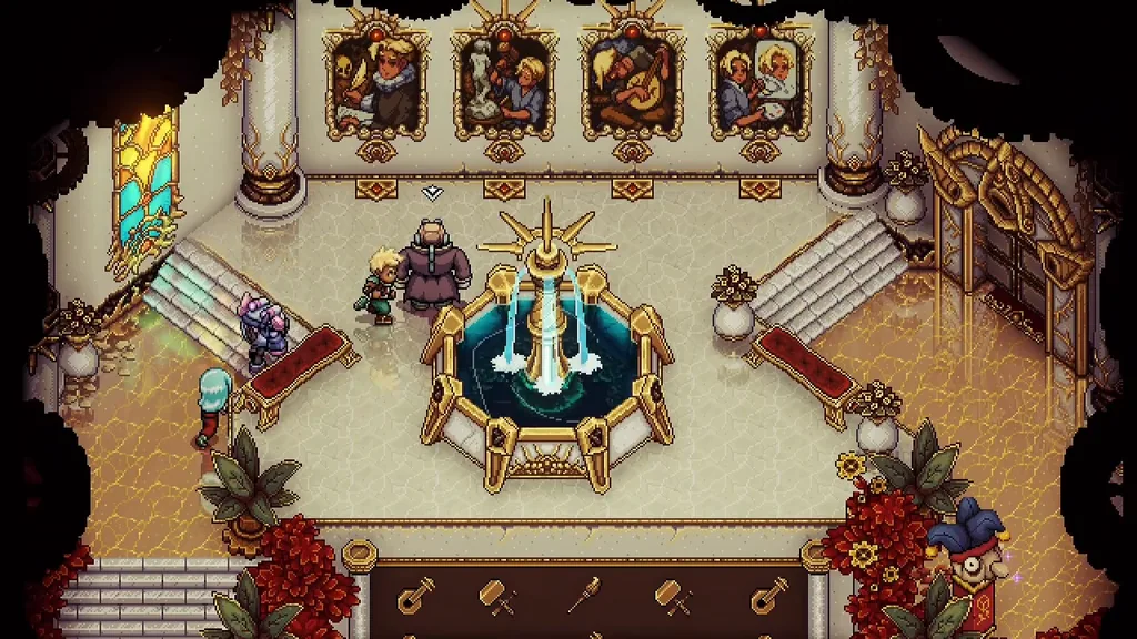 Four paintings of Zale above the fountain in the third tower