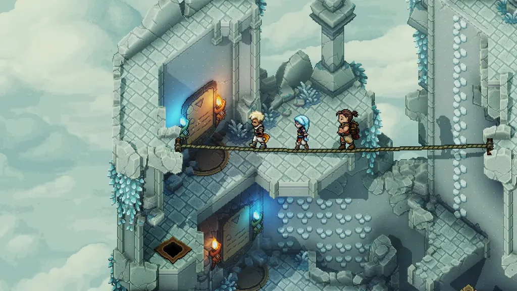 Crossing a rope bridge between the Elder Mist ruins