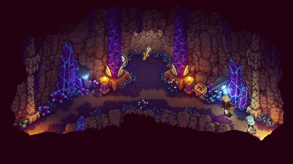 A Forbidden Cavern room lit by purple crystals
